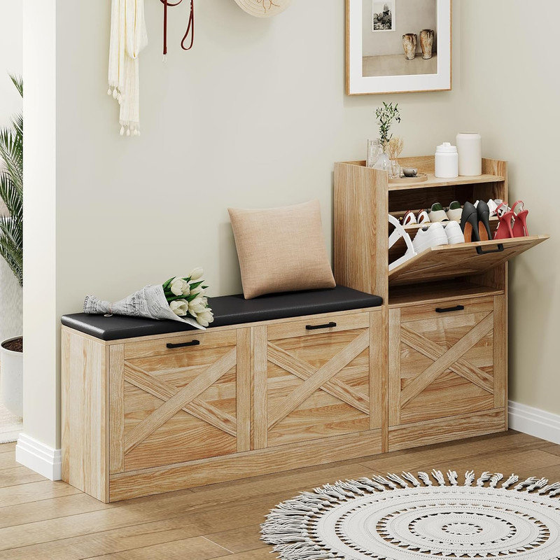 Farmhouse Shoe Storage Bench with 4 Flip Drawers & Cushion - Entryway Bench for Foyer Hallway, Natural