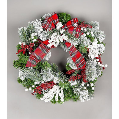 60cm B/O Pre lit Frosted /Tartan Ribbon Wreath with 50 WW LEDs