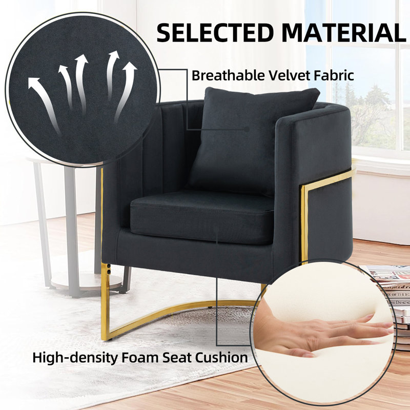 Fauteuil d'appoint demi-tonneau en velours avec coussin, Noir, noir, noir, noir