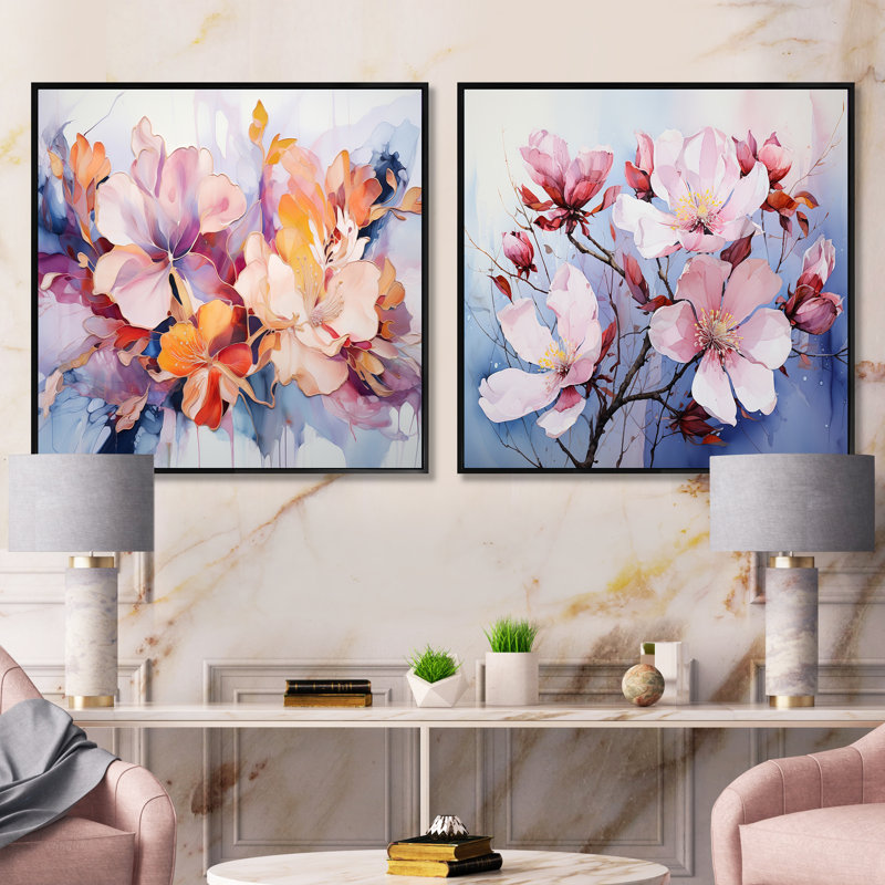 «Purple Botanical Whispers», ensemble de 2 collages carrés botaniques abstraits, Cadre flottant noir, H 30 po x l 61 po