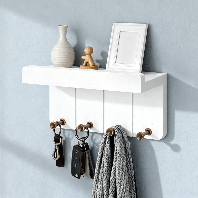 Porte-clés mural avec tablette et 4 crochets, organisateur décoratif compact pour clés, courrier et articles essentiels, décor de maison de campagne moderne
