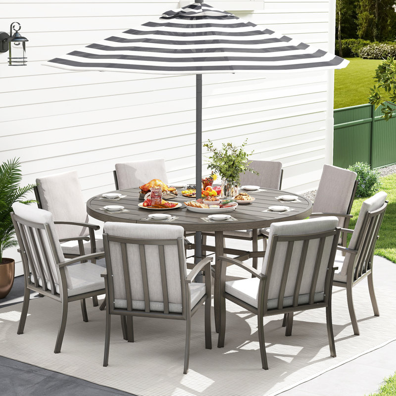 Moffett 9-Piece Gray Aluminum Patio Dining Set With Round Table And Washable Light Gray Cushions