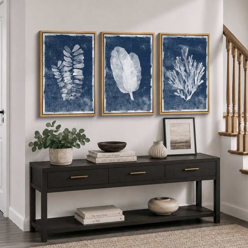 «Minimal Botanical», feuilles de la jungle bleue, art nautique corail, impression sur toile, 3 pièces, H 36 po x l 72 po