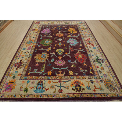 Tapis oriental en laine mauve moderne noué à la main 8 pi 11 po x 11 pi Anatolia