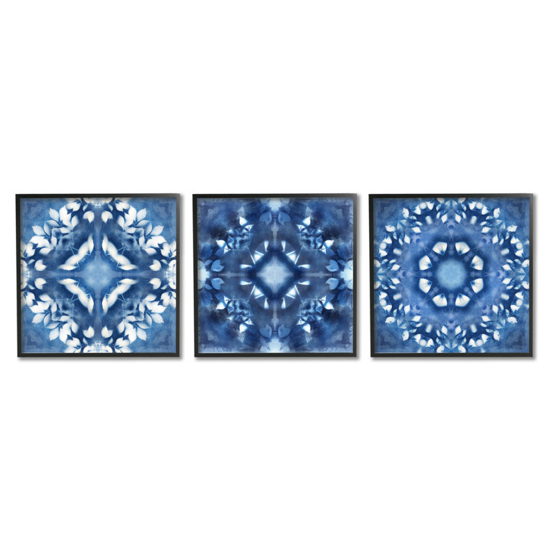 " Abstract Kaleidoscope Blue Tie Dye Patterns Fractal Shapes " 3 - Pieces, Black Framed Wood, 17" H x 17" W x 1.5" D