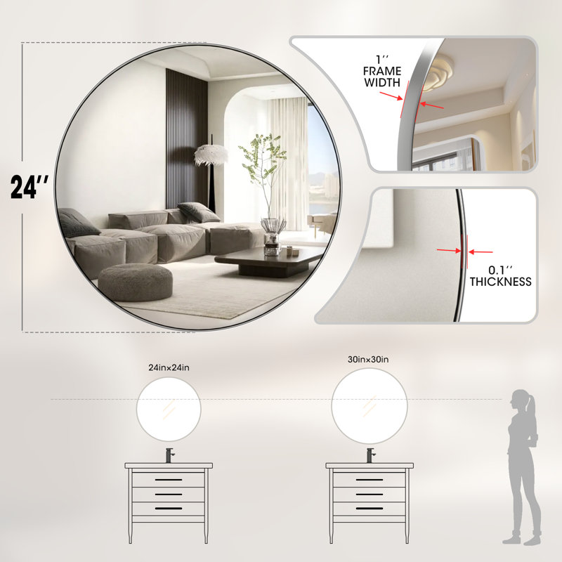 Miroir de salle de bain Morena, 24 po x 24 po, Argent argent