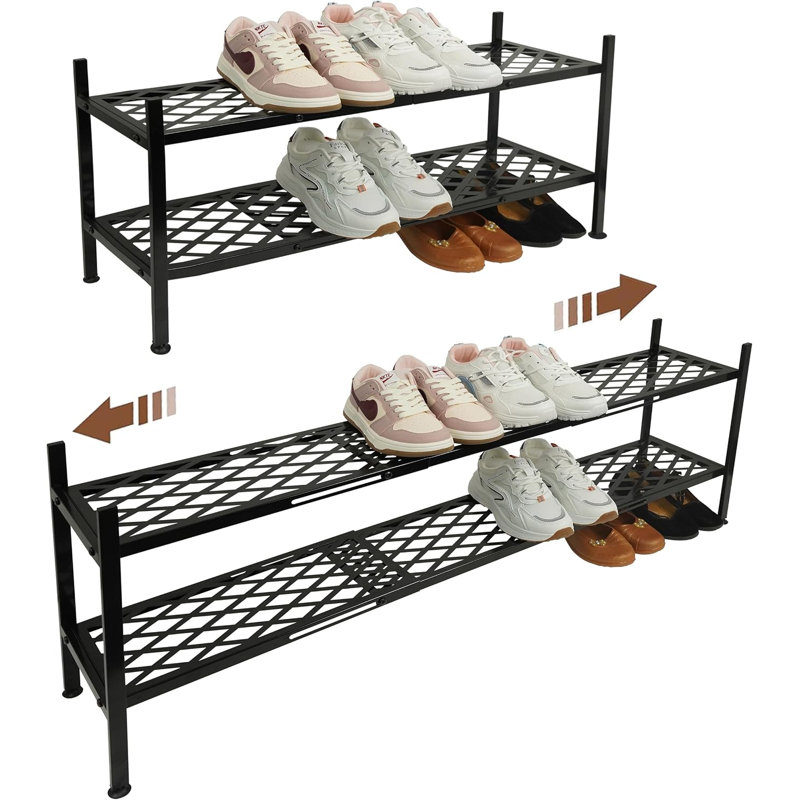 Étagère à chaussures extensible en métal, tablette de rangement à 2 niveaux avec grille métallique robuste, porte-chaussures, noir - Empilable