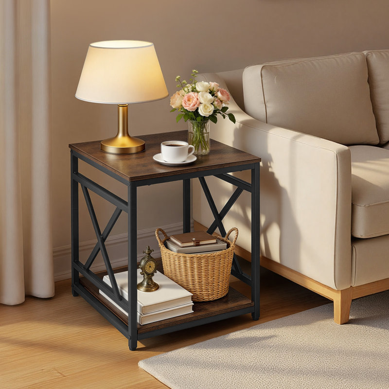 End Table, 2-Tier Square Side Table with Open Storage Shelves, Modern Nightstand Bedside Desk with X-Design Metal Frame, Wood Sofa Coffee Desk for Living Room, Bedroom, Office, Dorm, Brown