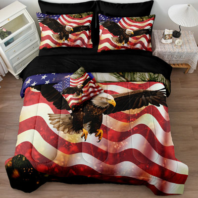 8 Pieces American Flag Comforter Set Full Size Eagle and American Flag Bed in a Bag Full Retro Patriotic Comforter Set Wildlife Animal Eagle Birds Bedding Set for Bedroom