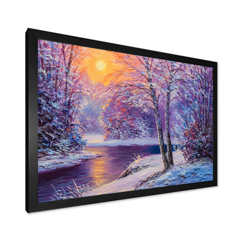 Coucher de soleil sur une rivière d'hiver - reproduction encadrée sur toile, H 8 po x l 12 po x P 1 po, Cadre noir