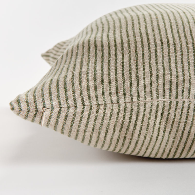 Jules European Flax Fiber Pillow Cover & Insert, Rectangle 14" H x 20" W, Knife Edge, Green/Ivory/Pinstripe
