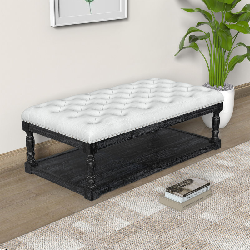Upholstered Ottoman, White Linen Blend, Black