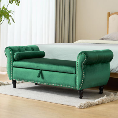 Banc en velours avec rangement rabattable et clous décoratifs