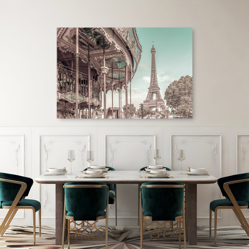 Eiffel Tower Carousel Dream Retro Vintage Abstract Architecture City Wall Art Print, 40" H x 60" W