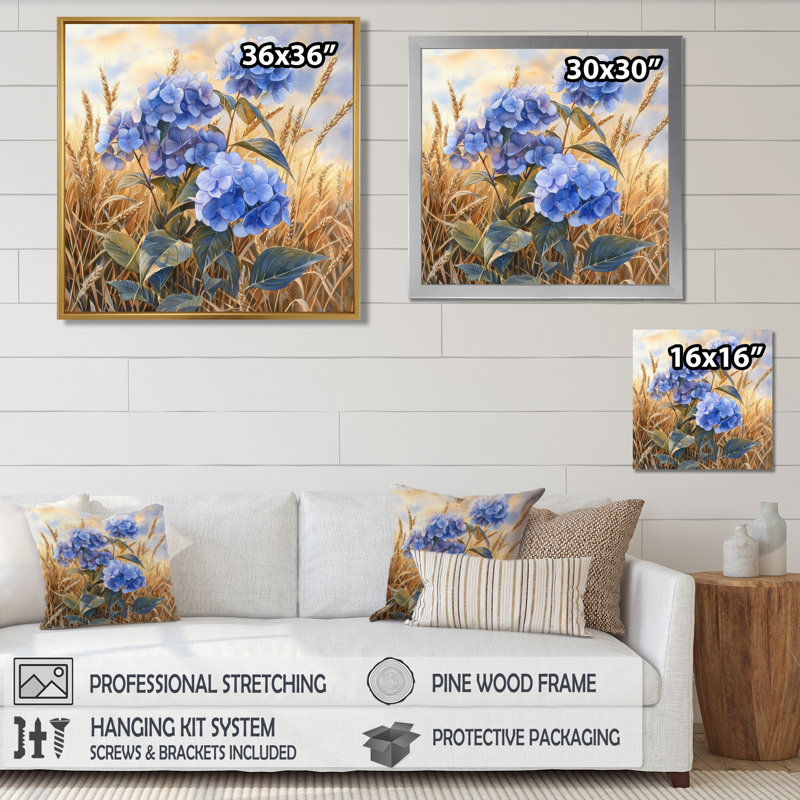 Paysage d'hortensias dans le champ de blé II - hydrangées, art mural, H 16 po x l 16 po, Impression encadrée flottante, Doré
