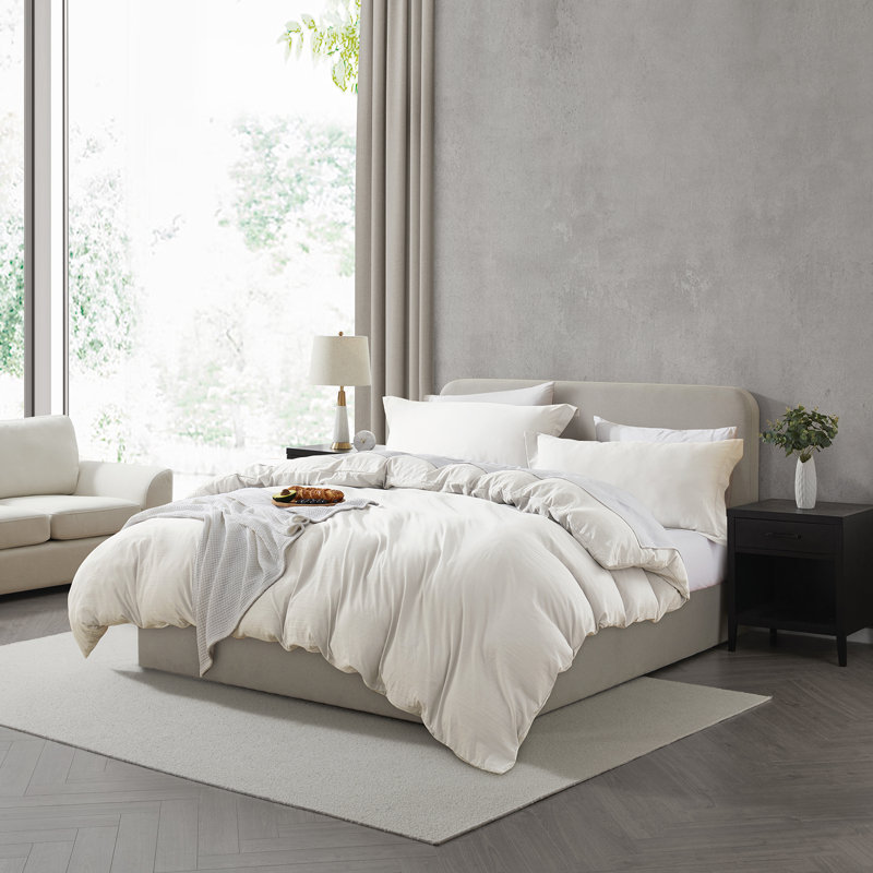 Ensemble de housse de couette prélavé, Blanc cassé, Housse de couette pour grand lit et 2 taies décor