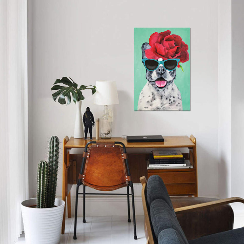 « mode bouledogue turquoise » par coco de paris, reproduction d’art sur toile tendue, H 12 po x l 8 po x P 0,75 po