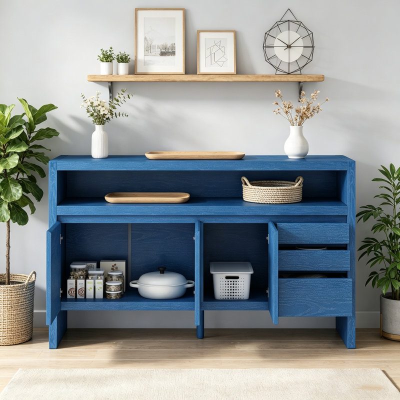 Buffet 60 po 3 portes 3 tiroirs avec placage en frêne massif, tablette semi-ouverte et découpe circulaire 60 po, Marine