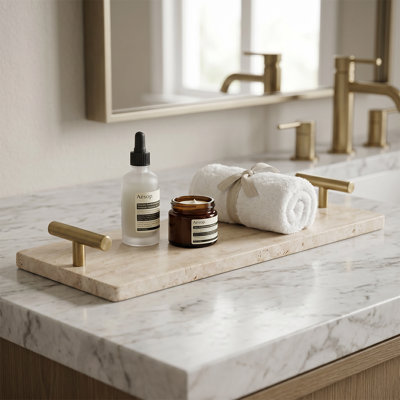 Plateau décoratif en travertin avec poignées en laiton brossé | Meuble-lavabo 11,8 po | Plateau de présentation moderne en pierre
