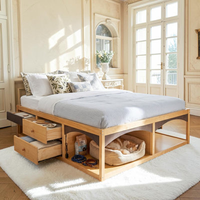 Structure de lit plateforme très grand avec 6 tiroirs de rangement, lit en bois moderne sans tête de lit avec espace ouvert sous le lit pour animaux de compagnie