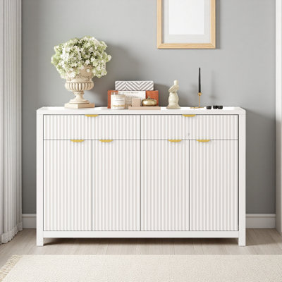 Modern Wave-Pattern Sideboard Cabinet With 2 Drawers And 4 Doors, 3-Level Adjustable Shelves, Aluminum Arc Handles, Scandinavian Style, Suitable For Entryway, Living Room, Foyer