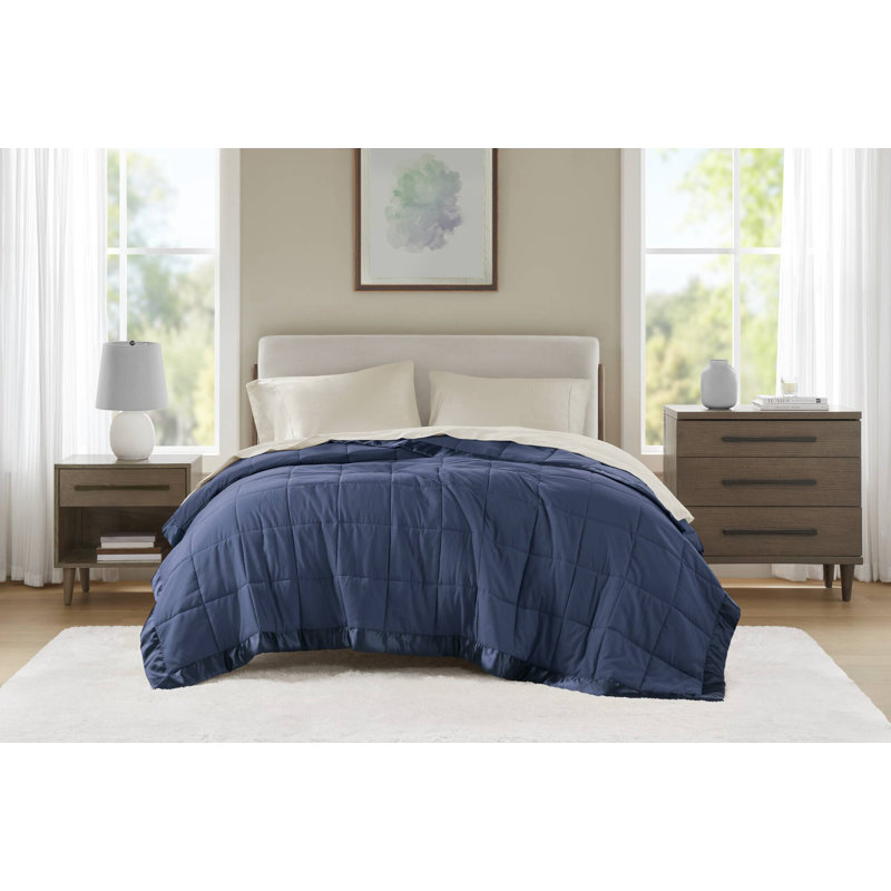 Windom Navy Lightweight Down Alternative Full/Queen Blanket with Satin Trim, Full/Queen, Navy