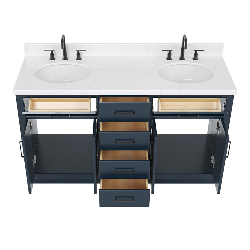 Meuble-lavabo double en bois massif Thornaby avec plateau en quartz Carrara de 1,5 po, Bleu minuit / noir mat, Ovale