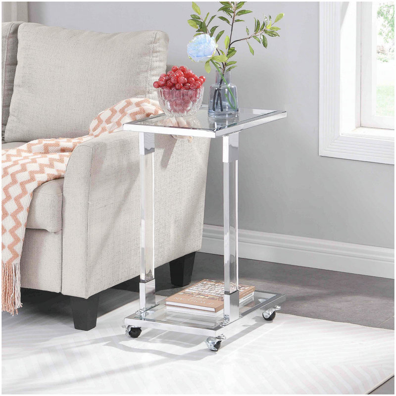 Table d'appoint en verre chromé, table de bout en acrylique, table carrée en C avec base en métal pour le salon, la chambre à coucher, le balcon, la maison et le bureau