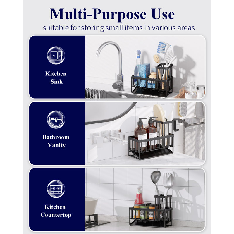 Sponge Holder for Kitchen Sink - Rustproof Stainless Steel Sink Caddy Organization and Storage Essentials with High Brush Holder, Home Decor Accessories, 7.9" x 3.7" x 6.2", Sliver