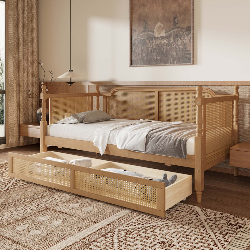 Traditional Style Rattan Daybed with 2 Drawers for Limited Space, Walnut, Twin