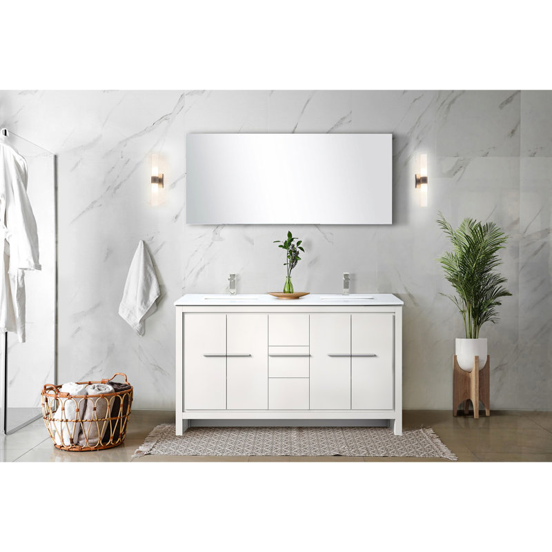 60 po L x P 20 blanc avec comptoir en quartz et robinet en nickel brossé - tablette ouverte pour un rangement supplémentaire dans la salle de bain