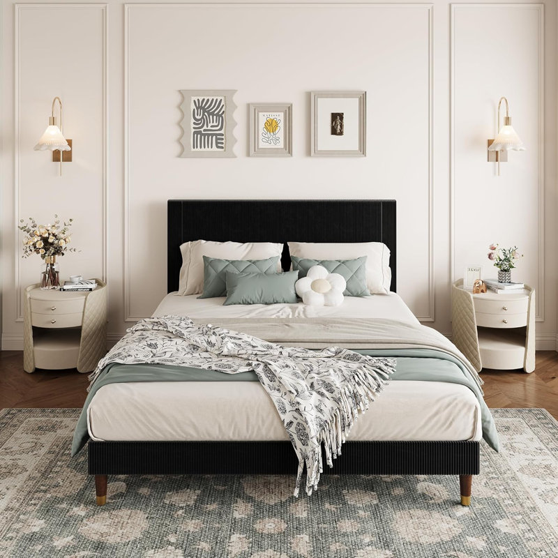 Queen Bed Frame – Corduroy Headboard, Wooden Slats, No Box Spring, Black, Apartment-Friendly, Black, Queen