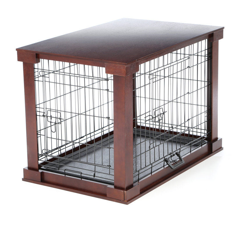 Ansel Decorative Pet Kennel with Wooden Protection Cover, Divider Insert, 23.27" H x 21.65" W x 32.68" D, Brown