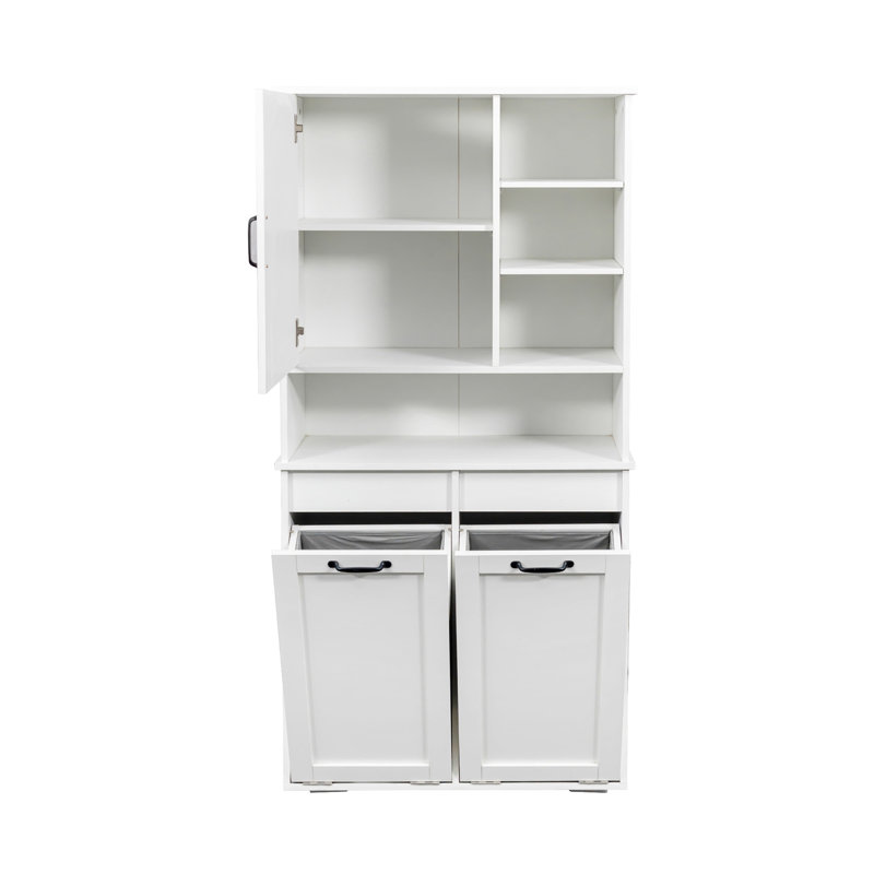 Armoire de buanderie avec portes et tablette, panier à linge inclinable, plusieurs espaces de rangement, style autoportant, tablette ouverte, tablette réglable, blanc