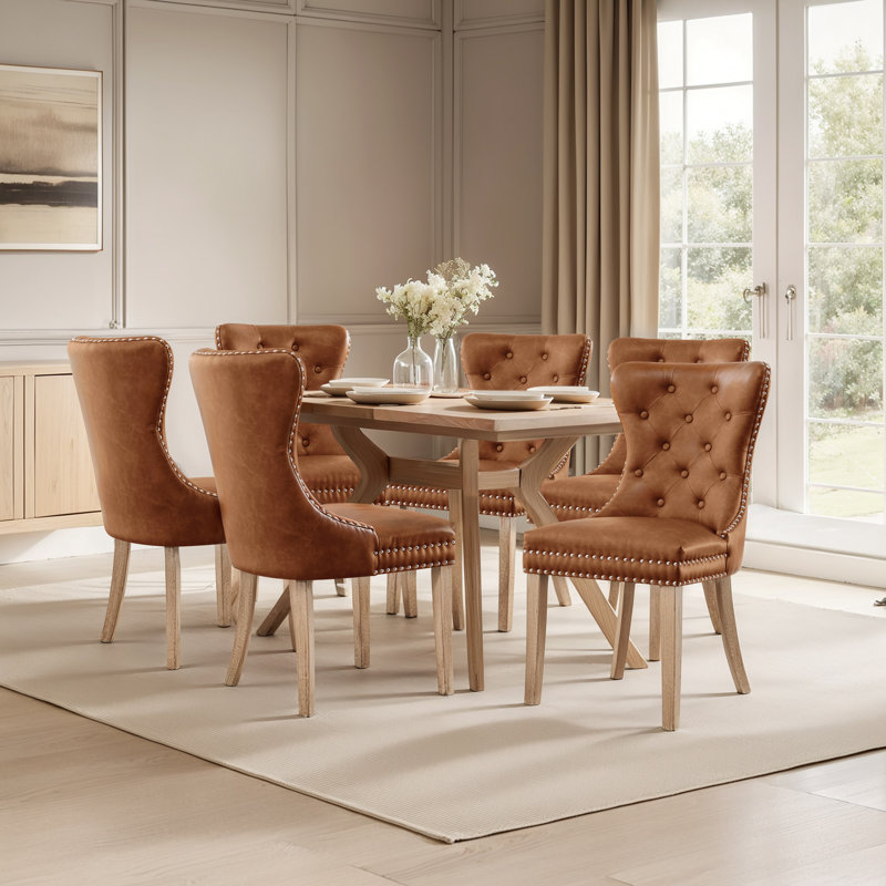 Tufted Leather Upholstered Wing Back Parsons Chair (Set Of 6), Brown/Natural Wood, 6