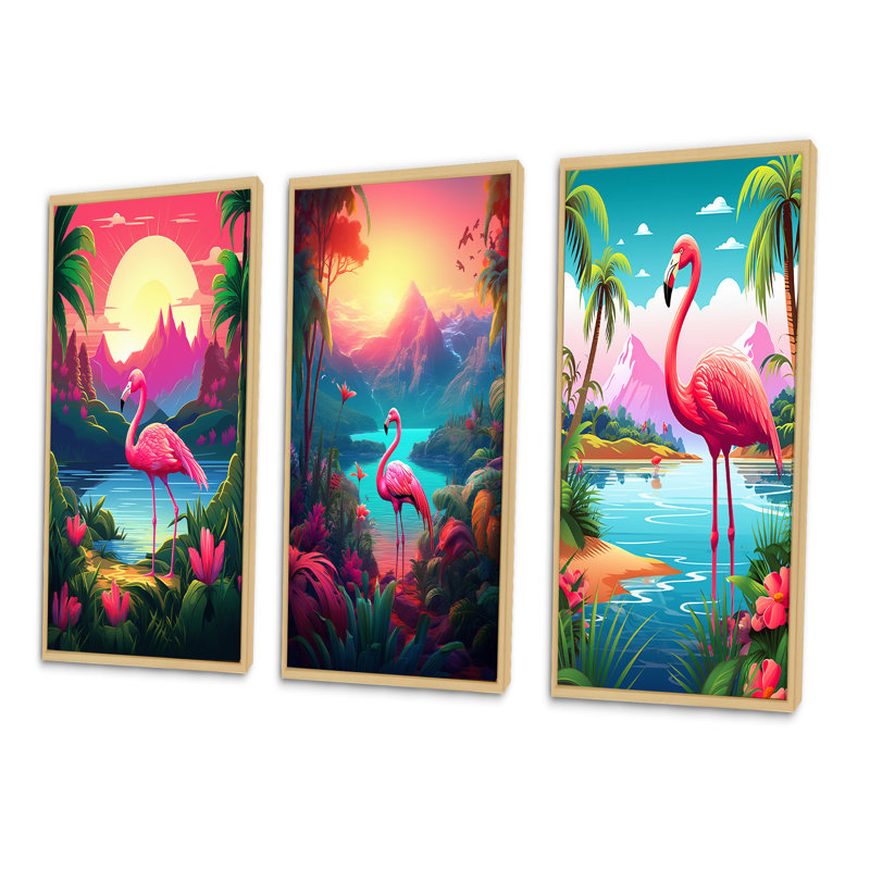 «Pink Flamingo In Tropical Landscape», 3 pièces sur toile, H 32 po x l 48 po, Encadrement brun