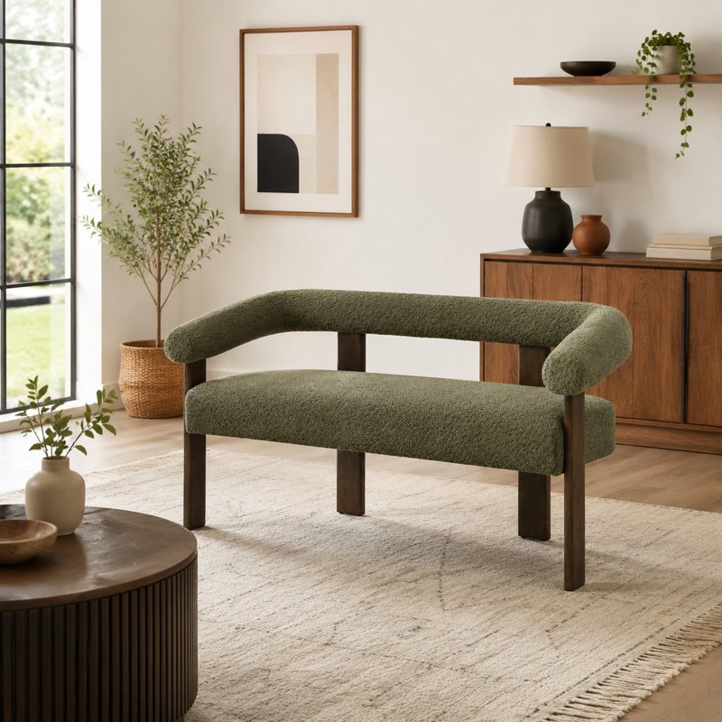 Canapé deux places incurvé avec accoudoirs arrondis, en tissu bouclé vert et marron, 135,3 cm (53,25 po), structure en bois d'hévéa