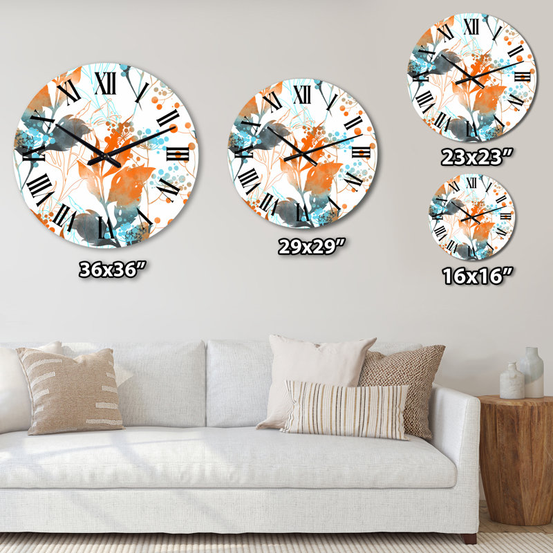 Boho Orange and Blue Leaves - Traditional Wall Clock, Small