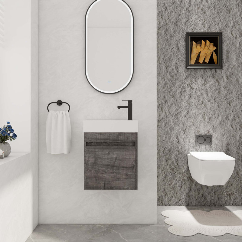 Meuble-lavabo flottant mural avec lavabo, Chêne gris carreauté