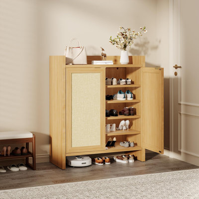 Rangement à chaussures en rotin, range-chaussures à 5 niveaux avec tablettes réglables