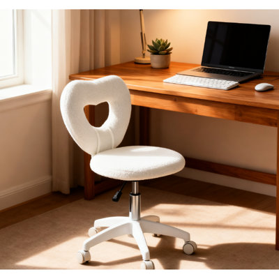 Chaise de bureau avec dossier blanc en forme de cœur, roulettes pivotantes, hauteur réglable, revêtement en polaire, mousse haute densité, hauteur du siège 44 x 54 cm et largeur 46 cm