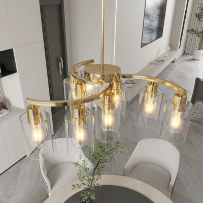 Lustre en verre doré à 9 lumières, luminaires de salle à manger à hauteur réglable au-dessus de la table, lustre suspendu contemporain pour bureau de vestibule d'îlot de cuisine, abat-jour en verre transparent