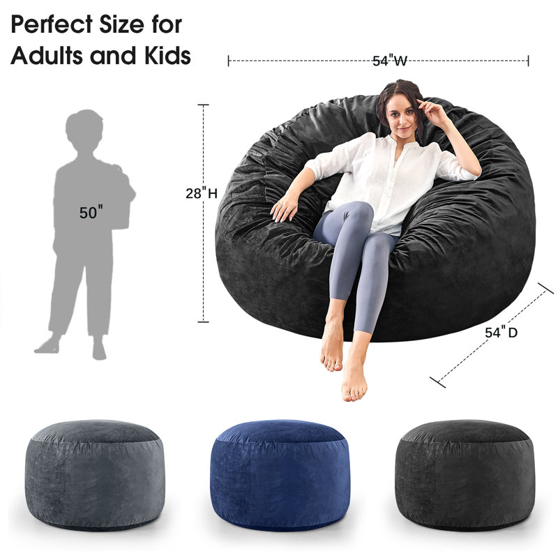 Memory Foam Filled Bean Bag Chair With Soft Removeable Cover - Convertible Bean Bag Bed, 28" H x 54" W x 54" D