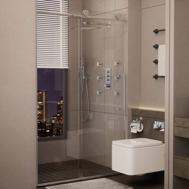 44"-48" W x 76" H Reversible Frameless Single Sliding Shower Door with 3/8" Clear Tempered Glass, Brushed Nickel