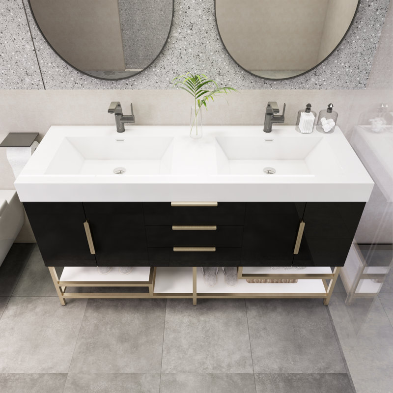 Meuble-lavabo double 59 po Maricella, Noir très lustré