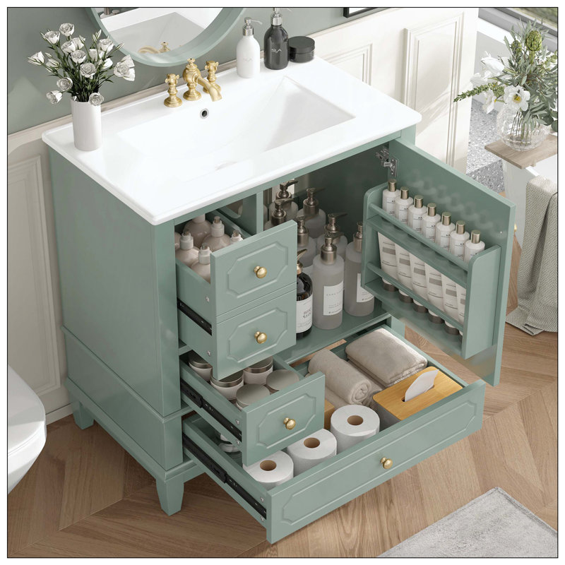 Lavabo de salle de bain autoportant en céramique massif avec 3 tiroirs en bois massif à fermeture en douceur, Vert clair