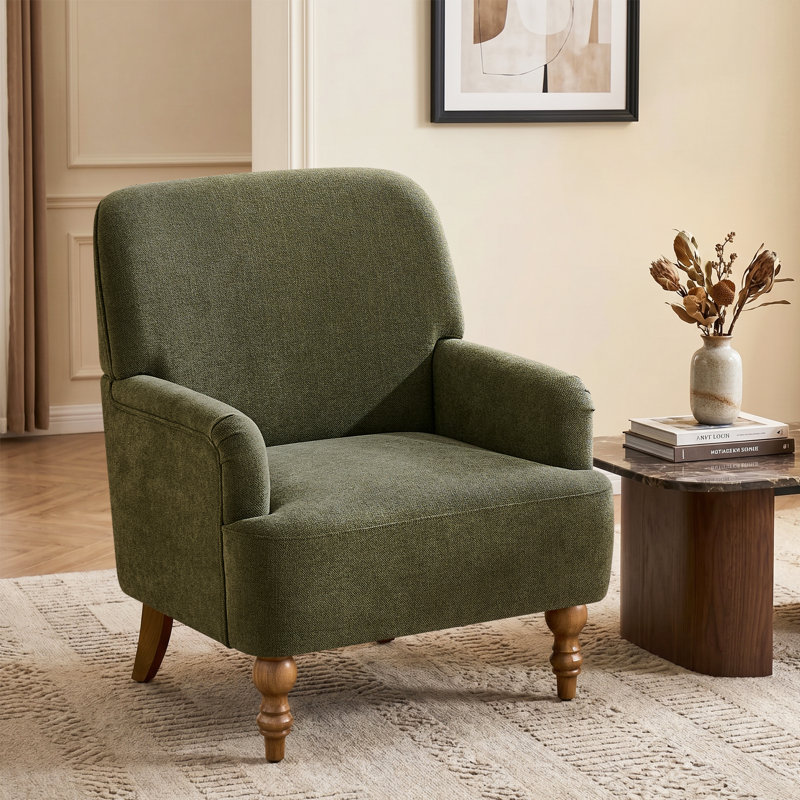 28.7" Upholstered Armchair With Tight Back And Solid Wood Legs, Green