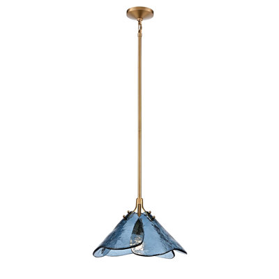 16 inches Florenza 1 Light Pendant in Satin Brass with Blue Glass