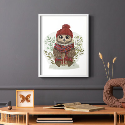 «Owl in Tartan Scarf», reproduction encadrée - bois massif