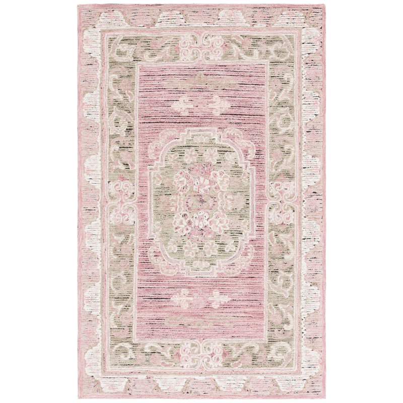 401 Hand Tufted Wool/Cotton Oriental Indoor Use Only Rug in Olive/Pink, Rectangle 5' x 8'